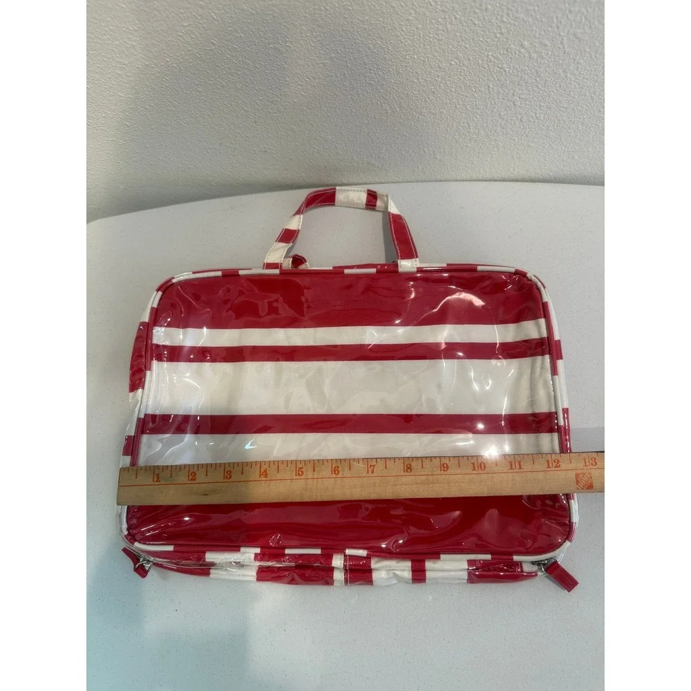 Red White Striped Cosmetic Travel Bag Glossy Patent Organizer Case Zippered